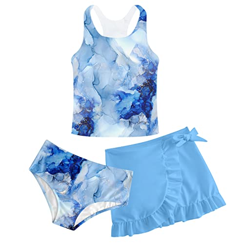 ALISISTER Girls Bathing Suit Blue Marble Print 3 Piece Hawaii Bikini Set Beach Swimsuit with Cover Up Skirt 10-11 Years