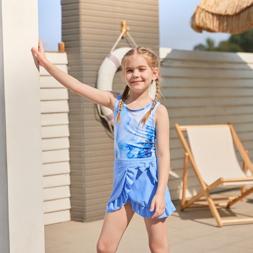 ALISISTER Girls Bathing Suit Blue Marble Print 3 Piece Hawaii Bikini Set Beach Swimsuit with Cover Up Skirt 10-11 Years