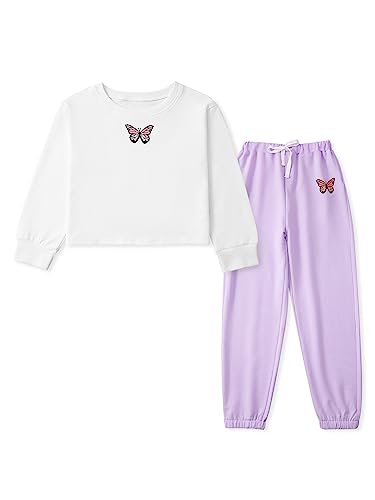 Kids Girl Tracksuit Set Girls Butterfly Pattern Long Sleeve Pullover Sweatshirt Crop Tops + Pants Suit Teen Girls Spring Fall Outfits Set Sports Hip Hop Clothes