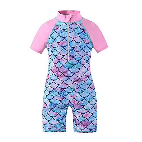 OFIMAN Girls Swimming Costume Girls Swimsuit Toddler Kids Short Sleeve Zipper Swimwear One Piece Bathing Suit (Mermaid Pink, 9-10 Years)