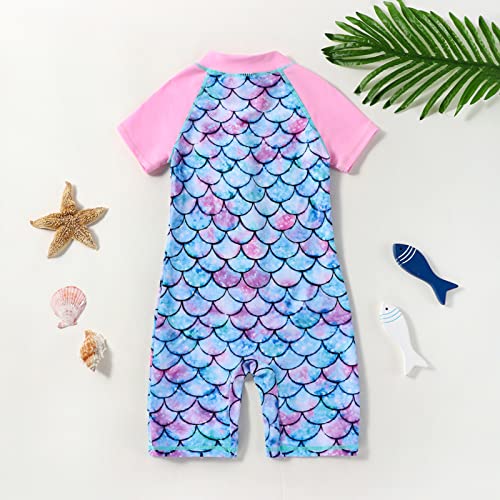 OFIMAN Girls Swimming Costume Girls Swimsuit Toddler Kids Short Sleeve Zipper Swimwear One Piece Bathing Suit (Mermaid Pink, 9-10 Years)