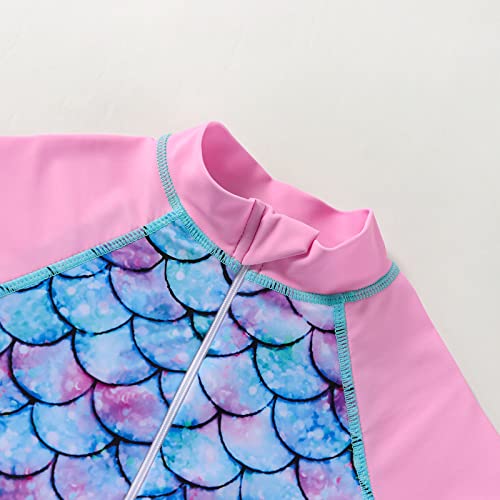 OFIMAN Girls Swimming Costume Girls Swimsuit Toddler Kids Short Sleeve Zipper Swimwear One Piece Bathing Suit (Mermaid Pink, 9-10 Years)