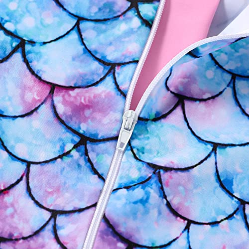 OFIMAN Girls Swimming Costume Girls Swimsuit Toddler Kids Short Sleeve Zipper Swimwear One Piece Bathing Suit (Mermaid Pink, 9-10 Years)