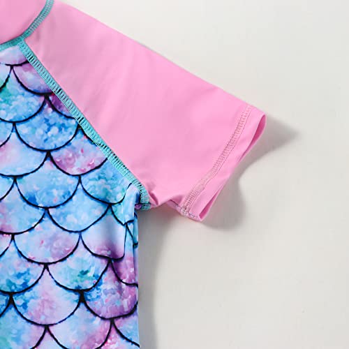 OFIMAN Girls Swimming Costume Girls Swimsuit Toddler Kids Short Sleeve Zipper Swimwear One Piece Bathing Suit (Mermaid Pink, 9-10 Years)