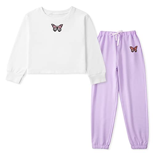 Kids Girl Tracksuit Set Girls Butterfly Pattern Long Sleeve Pullover Sweatshirt Crop Tops + Pants Suit Teen Girls Spring Fall Outfits Set Sports Hip Hop Clothes