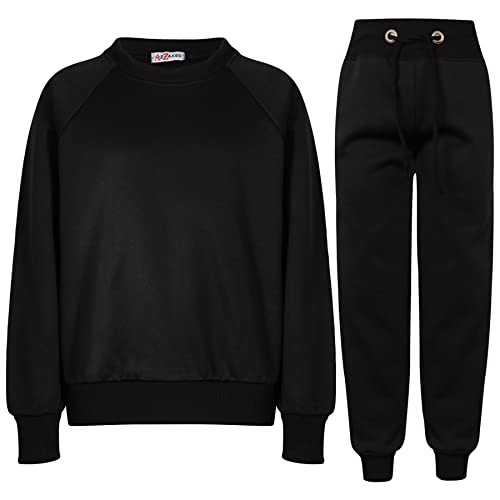 Kids Girls Boys Plain Raglan Sleeves Fleece Tracksuit Jumper & Bottom Jog Suit - T.S Plain Jumper 111 Black 13