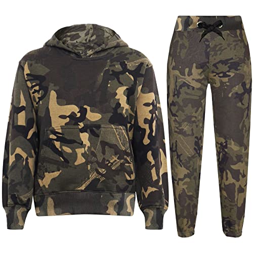 Kids Girls Boys Plain Tracksuit Hooded Hoodie Jog Suit - T.S Plain 105 Camo Green 11-12