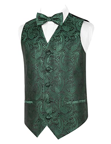 Alizeal Boys Waistcoat and Bow Tie Paisley Jacquard Classic Formal Suit Vest Set, Dark Green-12