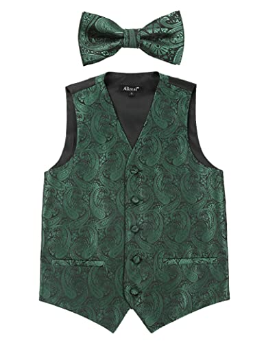 Alizeal Boys Waistcoat and Bow Tie Paisley Jacquard Classic Formal Suit Vest Set, Dark Green-12