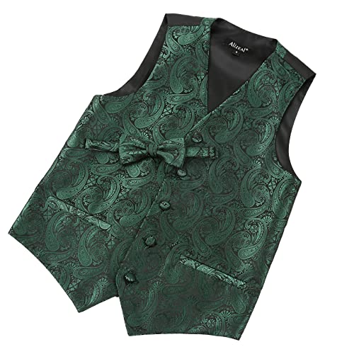 Alizeal Boys Waistcoat and Bow Tie Paisley Jacquard Classic Formal Suit Vest Set, Dark Green-12