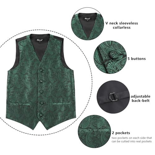 Alizeal Boys Waistcoat and Bow Tie Paisley Jacquard Classic Formal Suit Vest Set, Dark Green-12