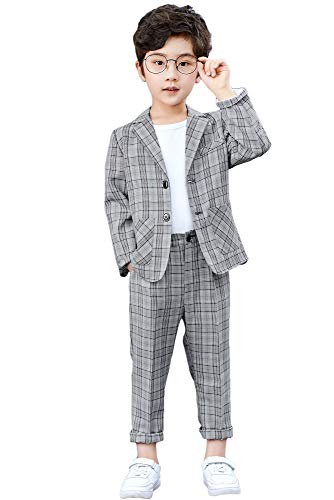 LOLANTA Kids Check Suit, Summer Wedding Party Occasionwear, Lightweight Casual Suit Jacket and Trousers, Light Grey, 170