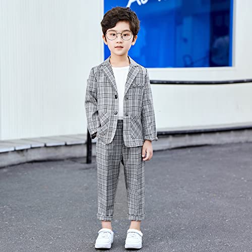 LOLANTA Kids Check Suit, Summer Wedding Party Occasionwear, Lightweight Casual Suit Jacket and Trousers, Light Grey, 170