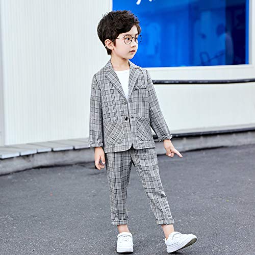 LOLANTA Kids Check Suit, Summer Wedding Party Occasionwear, Lightweight Casual Suit Jacket and Trousers, Light Grey, 170