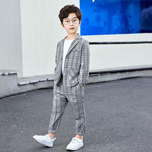 LOLANTA Kids Check Suit, Summer Wedding Party Occasionwear, Lightweight Casual Suit Jacket and Trousers, Light Grey, 170