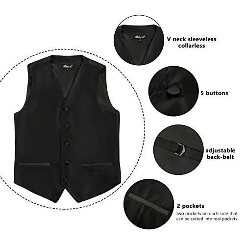 Alizeal Boys Bow Tie, Necktie and Suit Vest Solid Color Classic Tie and Waistcoat 3pc Set, Black-10