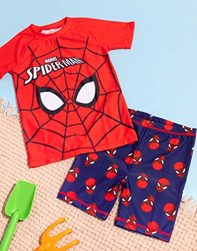 Marvel Spider-Man Swimsuit for Boys | Red Blue Character Mask Spider Web Two-Piece Top Shorts Bathing Suit Swim Set | Kids Superhero Swimwear