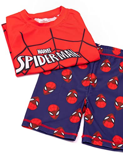 Marvel Spider-Man Swimsuit for Boys | Red Blue Character Mask Spider Web Two-Piece Top Shorts Bathing Suit Swim Set | Kids Superhero Swimwear