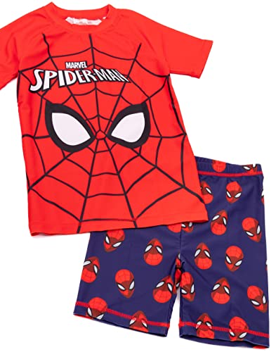 Marvel Spider-Man Swimsuit for Boys | Red Blue Character Mask Spider Web Two-Piece Top Shorts Bathing Suit Swim Set | Kids Superhero Swimwear