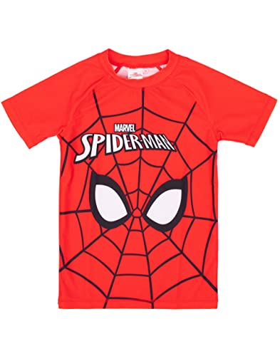 Marvel Spider-Man Swimsuit for Boys | Red Blue Character Mask Spider Web Two-Piece Top Shorts Bathing Suit Swim Set | Kids Superhero Swimwear