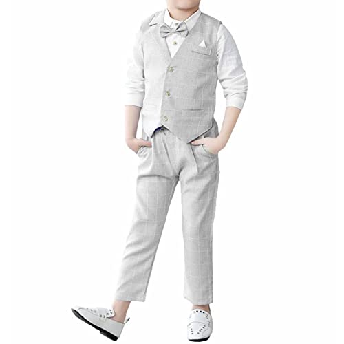 4PCS Page Boys Wedding Waistcoat, Check Vest Shirt Pants Set(Grey,10-11 Years,tag 150