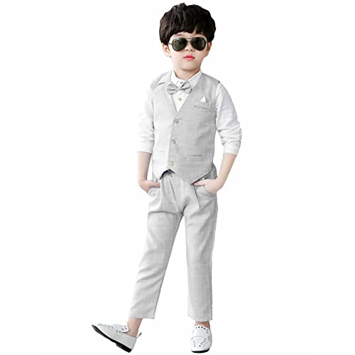 4PCS Page Boys Wedding Waistcoat, Check Vest Shirt Pants Set(Grey,10-11 Years,tag 150