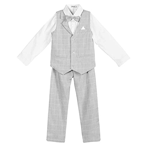 4PCS Page Boys Wedding Waistcoat, Check Vest Shirt Pants Set(Grey,10-11 Years,tag 150