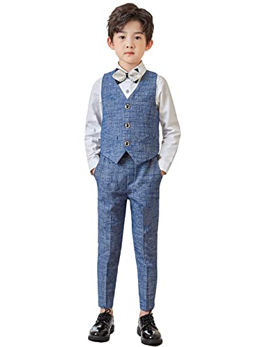 4PCS Boys Waistcoat Suit,Page Boy Wedding Formal Wear,Vest,Shirt,Pants and Bow Tie Set(8-9 Years,Grey,Tag 140)