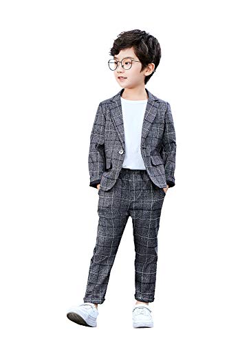 LOLANTA Kids Grey Check Suit, 2-Piece Boys Wedding Party Outfits Jacket and Trousers, Prom Occasionwear, Dark Grey, 130