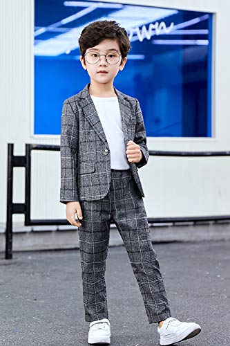 LOLANTA Kids Grey Check Suit, 2-Piece Boys Wedding Party Outfits Jacket and Trousers, Prom Occasionwear, Dark Grey, 130
