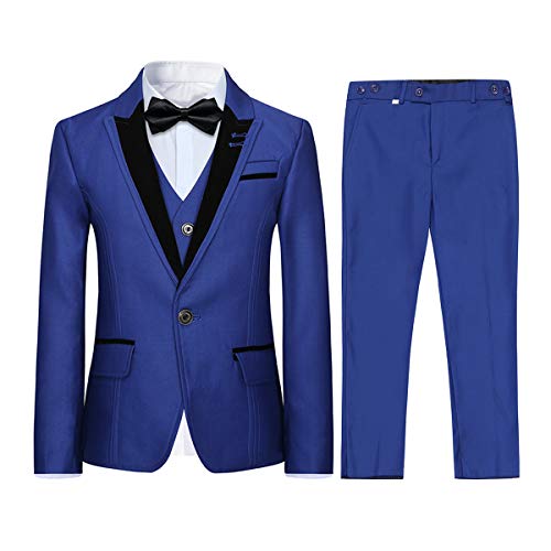 Sliktaa Boys 3 Pieces Suits Shawl Lapel Slim Fit Tux Jacket Vest Pants 6 Colors Prom Party Wedding Suit, Blue,12 Years
