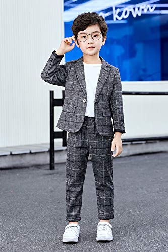 LOLANTA Kids Grey Check Suit, 2-Piece Boys Wedding Party Outfits Jacket and Trousers, Prom Occasionwear, Dark Grey, 130