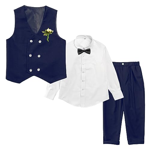 LOLANTA 4-Piece Formal Suit for Boy, Double-Breasted Waistcoat Set, Kids Birthday Wedding Party Occasionwear, Navy Blue, 110
