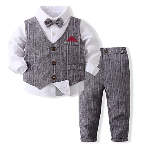 Baby Boys Gentleman Suit, Toddler Formal Waistcoat Outfit Wedding Shirts + Vest +Bow Tie 4 PCS Set(2-3 Years,Gray,Tag size 100)