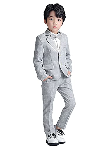 LOLANTA 2PCS Page Boys Plaid Suit, Wedding Prom Smart Blazer, Formal Wear Jacket Trousers Set(Grey,10-11 Years,Tag 150)