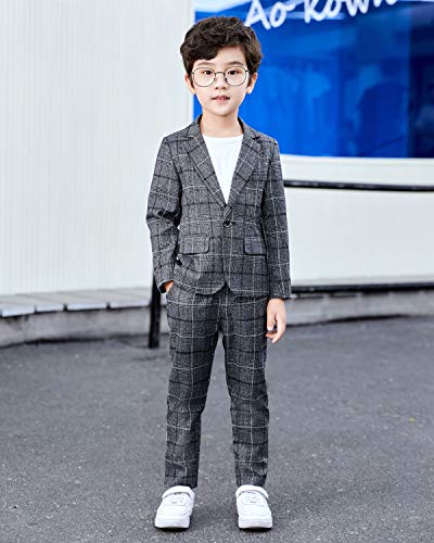 LOLANTA Kids Grey Check Suit, 2-Piece Boys Wedding Party Outfits Jacket and Trousers, Prom Occasionwear, Dark Grey, 130