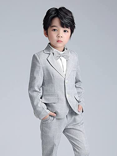 LOLANTA 2PCS Page Boys Plaid Suit, Wedding Prom Smart Blazer, Formal Wear Jacket Trousers Set(Grey,10-11 Years,Tag 150)