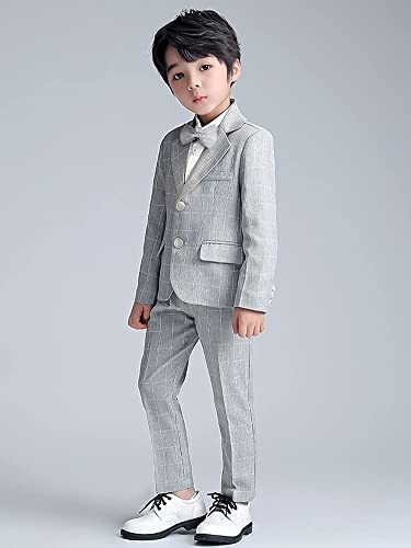 LOLANTA 2PCS Page Boys Plaid Suit, Wedding Prom Smart Blazer, Formal Wear Jacket Trousers Set(Grey,10-11 Years,Tag 150)
