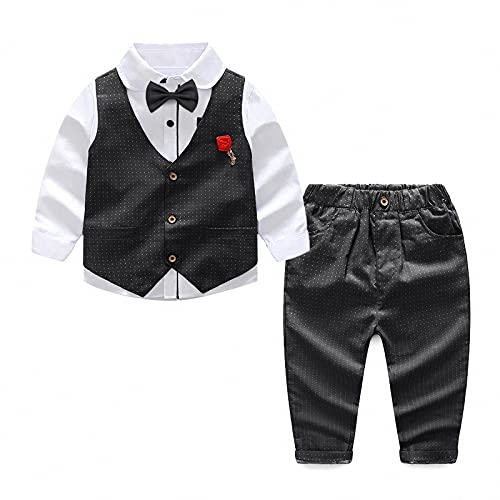 Little Boy Clothes Toddler Suit for Wedding Party Clothing Set Formal Shirt and Vest and Trousers and Bow Tie Grey