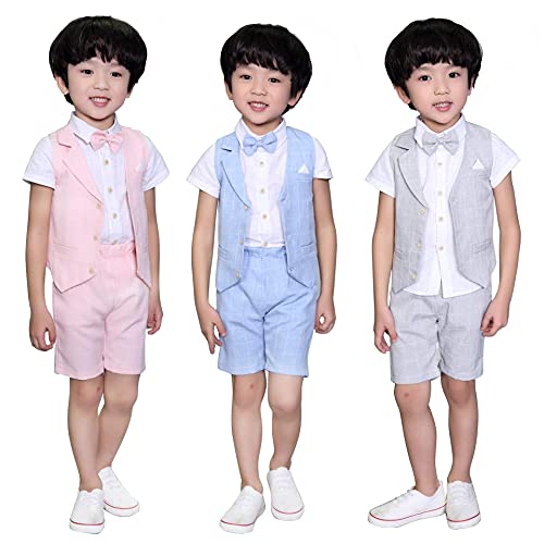 LOLANTA 4PCS Page Boy Suits Wedding,Kids Summer Short Suit Set,Ceremony Christening Partywear,Waistcoat Shorts Shirt with Bowtie,7-8 Years,Blue,Tag 130
