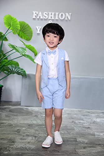 LOLANTA 4PCS Page Boy Suits Wedding,Kids Summer Short Suit Set,Ceremony Christening Partywear,Waistcoat Shorts Shirt with Bowtie,7-8 Years,Blue,Tag 130