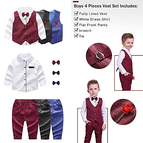 Little Boy Clothes Toddler Suit for Wedding Party Clothing Set Formal Shirt and Vest and Trousers and Bow Tie Grey