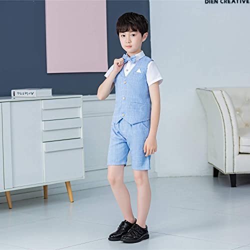 LOLANTA 4PCS Page Boy Suits Wedding,Kids Summer Short Suit Set,Ceremony Christening Partywear,Waistcoat Shorts Shirt with Bowtie,7-8 Years,Blue,Tag 130