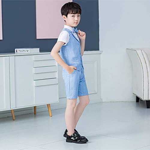 LOLANTA 4PCS Page Boy Suits Wedding,Kids Summer Short Suit Set,Ceremony Christening Partywear,Waistcoat Shorts Shirt with Bowtie,7-8 Years,Blue,Tag 130
