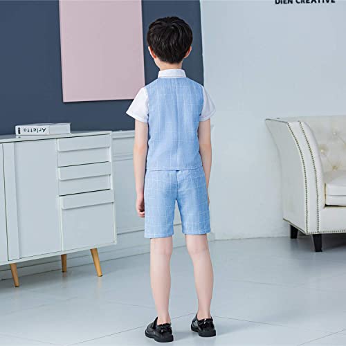 LOLANTA 4PCS Page Boy Suits Wedding,Kids Summer Short Suit Set,Ceremony Christening Partywear,Waistcoat Shorts Shirt with Bowtie,7-8 Years,Blue,Tag 130