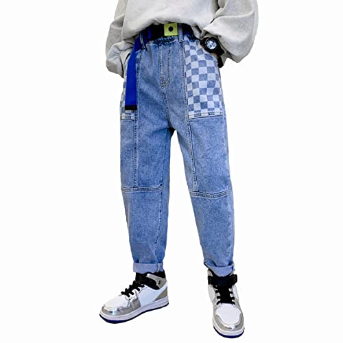 Rolanko Boys Ripped Elasticated Waist Jeans, Tapered Leg Design Retro Denim Pants with Pockets for Kid Fit, Blue Lattice, Size:150