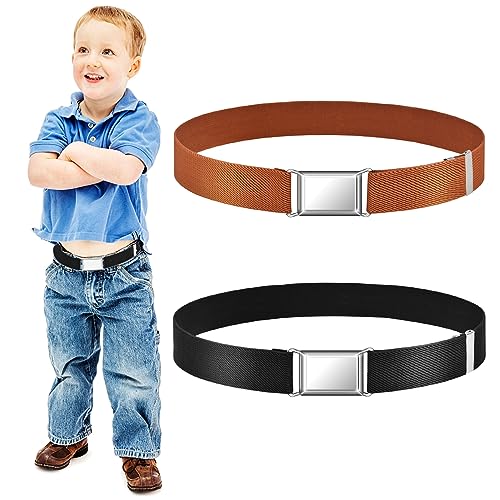 TWOBUD 2 PCS Kids Belt, Boys Girls Adjustable Elastic Waist Belt with Easy Silver Square Hook and Loop Buckle Fashion Stretch Toddler Belt for Toddlers Children Kids Age 2-15 Years (Black, Khaki)