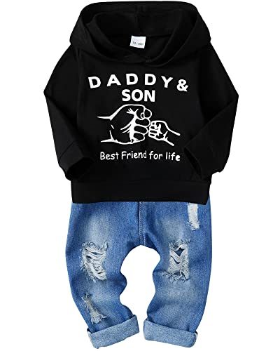 SOLOYEE Baby Boys Outfits Clothes Sets Infant Fashion 2 Pcs Letter Pattern Long Sleeve Hooded Sweatshirt and Jeans Pants 4-5 Years, Black