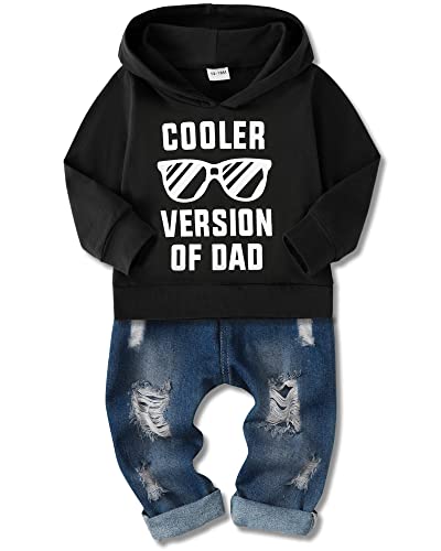 Amissz Baby Boy Clothes Toddler Boys Outfit Infant Letter Printed Sweatshirt Fashion Long Sleeve Hoodie Tops Ripped Jeans Set 2PC Black 2-3 years