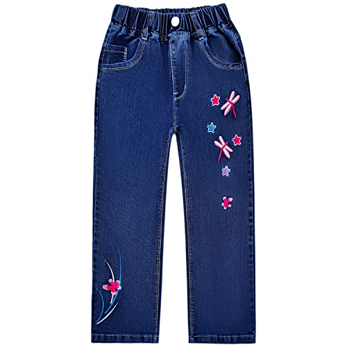Peacolate 5-12 Years Little Big Girl Dark Blue Trousers Embroidered Dragonfly Straight Jeans(Dragonfly,8-9Years)